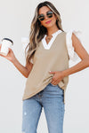 Pale Khaki Contrast V Neck Ruffled Textured Knit Top