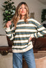 Khaki Stripe Crew Neck Drop Shoulder Pullover Sweatshirt
