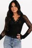 Black Sheer Lace Long Sleeve Slim Henley Top