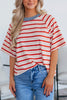 Tomato Red Stripe Print Contrast Collar Raglan Sleeve T Shirt