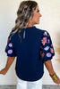 Sail Blue Shellfish Coral Embroidery Puff Sleeve Frilled Neck Blouse