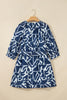 Blue Abstract Geometric Print Zip Front Tie Waist Shift Dress