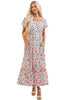 Pink Floral Puff Sleeve Square Neck Empire Waist Tiered Maxi Dress