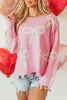 Pink Pearl Beaded Bowknot Pattern Distressed Split Hem Sweater