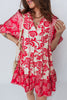 Red Collared V Neck Half Sleeve Loose Flower Mini Dress