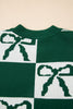 Blackish Green Checkered Bow Print Casual Sweater