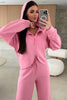 Pink Solid Color Zip Up Hoodie Drawstring Loose Pants Set