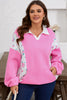 Pink Plus Size Contrast Polo Collar Floral Patchwork Elastic Cuffs Long Sleeve Top