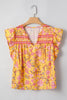 Yellow Floral Notched Neck Ruffled Sleeve Casual Blouse