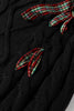 Black Plaid Lace up Detail Christmas Holiday Puff Short Sleeve Sweater