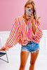 Orange Stripe Balloon Sleeve Notched V Neck Buttoned Front Blouse