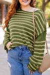 Khaki Stripe Drop Shoulder Casual Sweater