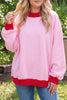 Pink Color Block Contrast Trim Plus Size Sweatshirt