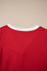 Fiery Red Contrast Trim Button V Neck Ribbon Bow Knot Waist 2pcs Lounge Pant Set
