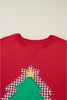 Fiery Red Plaid Frayed Double Christmas Tree Patched Drop Shoulder Sweatshirt