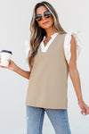 Pale Khaki Contrast V Neck Ruffled Textured Knit Top