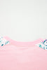 Light Pink Floral Colorblock Patchwork Chest Pocket Notched Neck Long Sleeve Top
