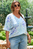 Sky Blue Leopard Print Short Sleeve V Neck Plus Size Top