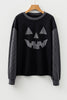 Black Halloween Rhinestone Pumpkin Face Contrast Ribbed Long Sleeve Patchwork Top
