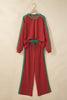 Red Cozy Ribbed Patchwork Polka Dot Trim Long Sleeve 2pcs Pant Set