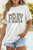 White PRAY Camo Letter Print Casual Round Neck T Shirt