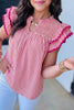 Rose Stripe Shirred Yoke Ruffled Short Sleeve Blouse