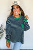 Green Stripe Ribbed Color Block Patchwork Crew Neck Patch Pocket Long Sleeve Top
