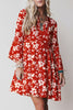 Blue Boho Floral Print Lettuce Trim 3/4 Sleeve Mini Dress