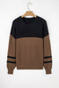 Dark Brown Color Block Knit Striped Sleeve Detail Casual Sweater