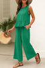 Green Solid Color Ribbed Ruffle Tank Top and Pants Set