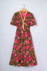 Green Floral Print Striped Trim Split Neck Short Puff Sleeve Ruffle Hem Maxi Dress