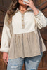 Khaki Stripe Plus Size Color Block Patchwork Half Button Long Sleeve Peplum Blouse