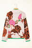 Khaki Floral Pattern Knit Quarter Zip Stand Neck Sweater