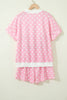 Green Polka Dot Print Color Block Trim Mock Neck Short Set