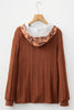 Chestnut Plaid Patchwork Ribbed Knit Drawstring Hooded Top