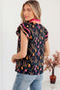 Black Floral Print Contrast Trim Tiered Ruffled Short Sleeve Blouse