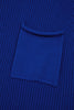 Dark Blue Patch Pocket Ribbed Knit Short Sleeve Sweater