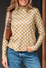 Khaki Check Pattern Turtleneck Ribbed Slim Long Sleeve Tee
