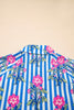 Blue Striped Floral Print Buttoned Cuffs Loose Fit Shirt