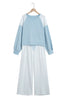 Light Blue Polka Dot Patchwork Colorblock Long Sleeve Casual Two Piece Pants Set