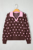 Pink Polka Dot Pattern Color Block Collared Loose Pullover Sweater