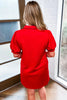 Fiery Red Textured Collared V Neck Puff Short Sleeve Shift Mini Dress