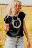 Black Horse Shoe Pattern Contrast Trim Short Sleeve Sweater
