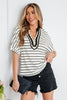 White Stripe Stand Collar V Neck Elastic Cuffs Half Sleeve Dolman Top