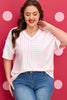 Pink Stripe Plus Size V Neck Exposed Seam Patchwork T Shirt