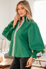 Black Puffy Flounce Sleeve Leopard Trim V Neck Blouse