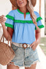 Mist Blue Contrast Notched Neck Frilly Detail Short Sleeve Blouse