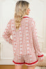 Red Sweet Floral Heart Bow Print Contrast Trim Long Sleeve Shirt Pajama Short Set
