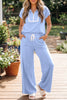 Sky Blue Lace Accent Zipped Collar Short Sleeve Top Sweatpants Set