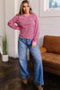 Pink Stripe V Neck Drop Shoulder Long Sleeve Top